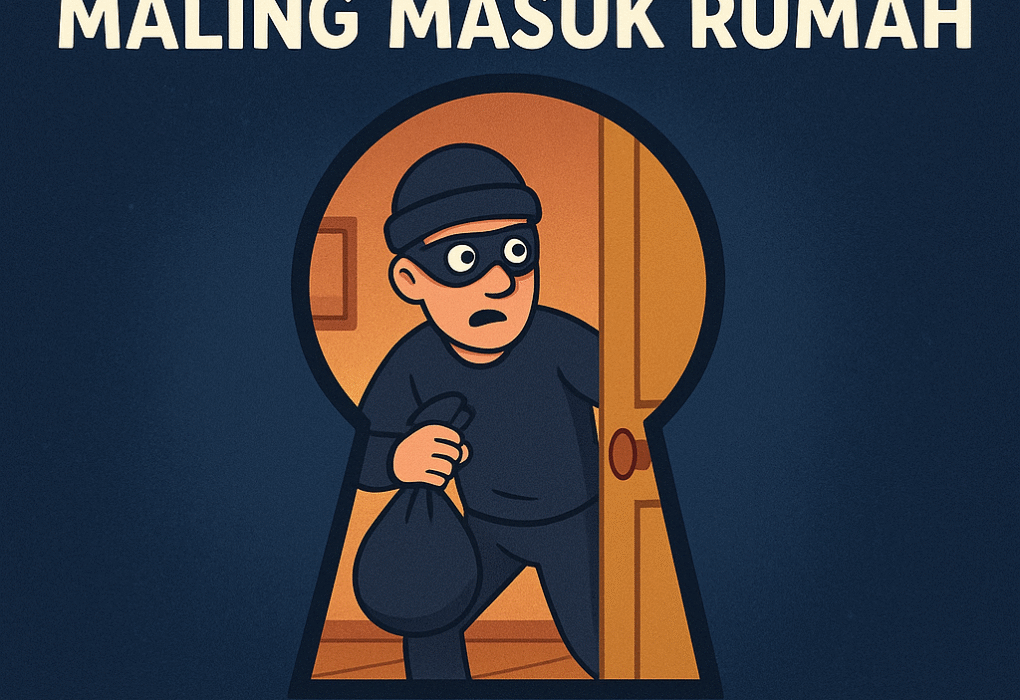 Ilustrasi animasi AI maling masuk rumah dengan teks "Tanda Gaib dari Maling Masuk Rumah untuk Togel HK