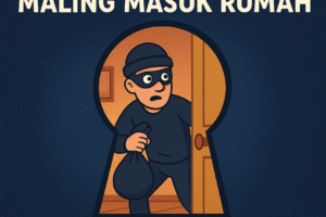 Ilustrasi animasi AI maling masuk rumah dengan teks "Tanda Gaib dari Maling Masuk Rumah untuk Togel HK