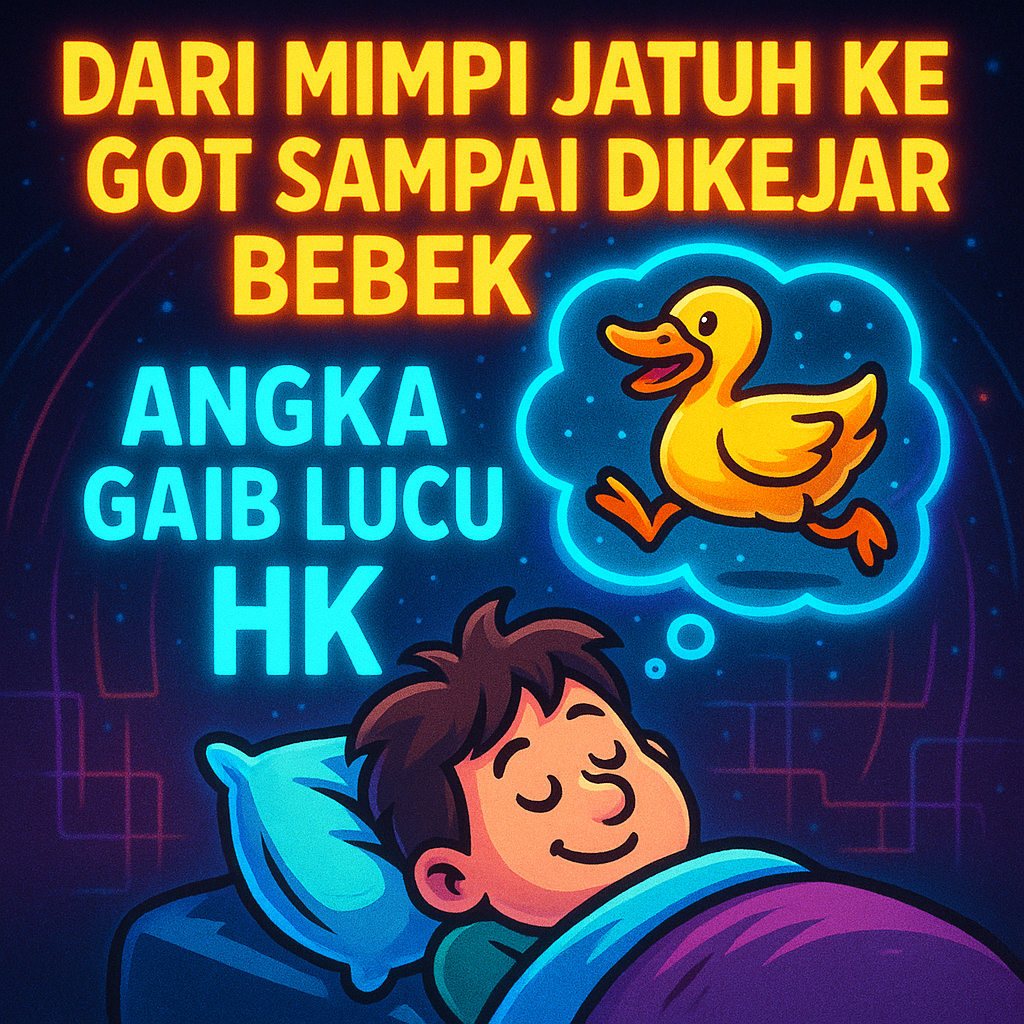Ilustrasi digital AI bergaya animasi menampilkan seorang anak tidur sambil bermimpi dikejar bebek, dengan teks "Dari Mimpi Jatuh ke Got sampai Dikejar Bebek: Angka Gaib Lucu HK
